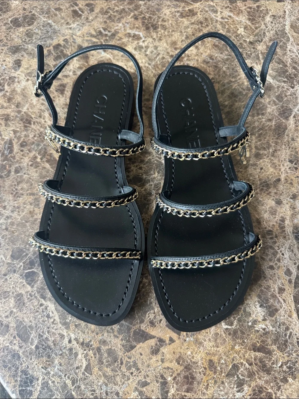 Chanel black leather gold chain sandals flats charms sz 38